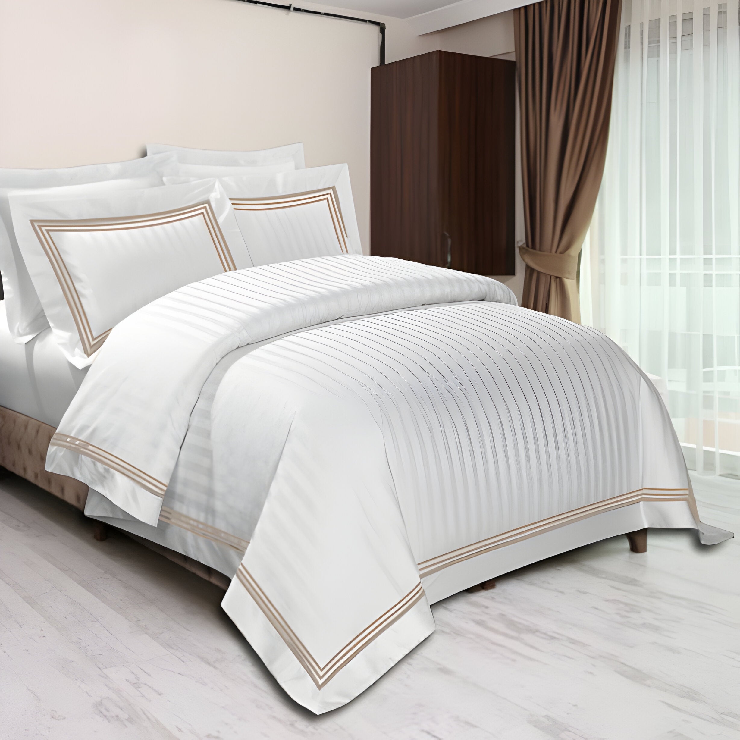 400TC Cotton Sateen Triple Edge Embroidery Stripe Duvet Cover Set