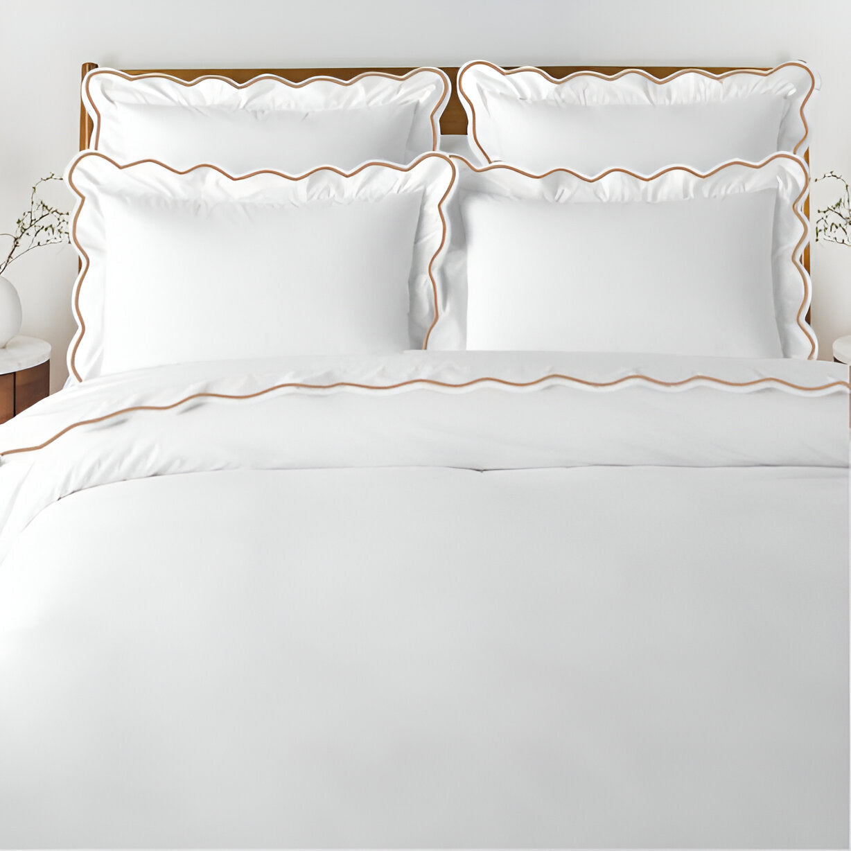 400TC Cotton Scallop Embroidery Sateen Solid Duvet Cover Set