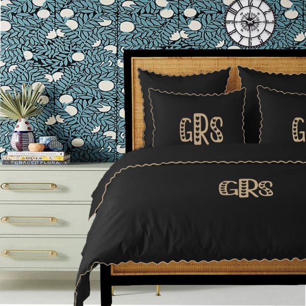 Monogram Black 400TC Cotton Small Scallop Embroidery Duvet Cover Set