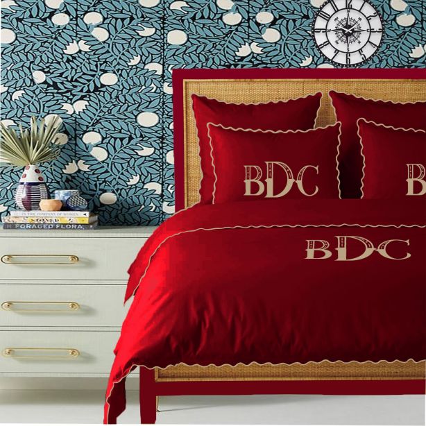 Monogram Burgundy 400TC Cotton Small Scallop Embroidery Duvet Cover Set