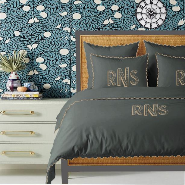 Monogram Dark Grey 400TC Cotton Small Scallop Embroidery Duvet Cover Set