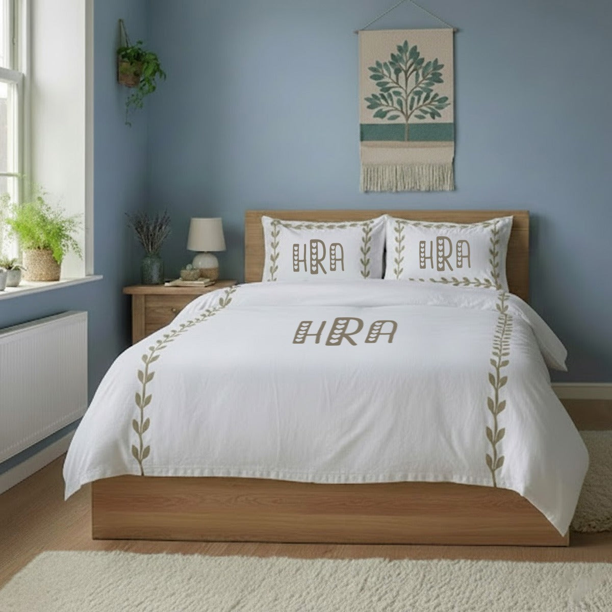 Monogram Layered Leaf Applique Cotton Duvet Cover Set