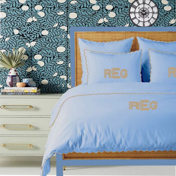 Monogram Light Blue 400TC Cotton Small Scallop Embroidery Duvet Cover Set