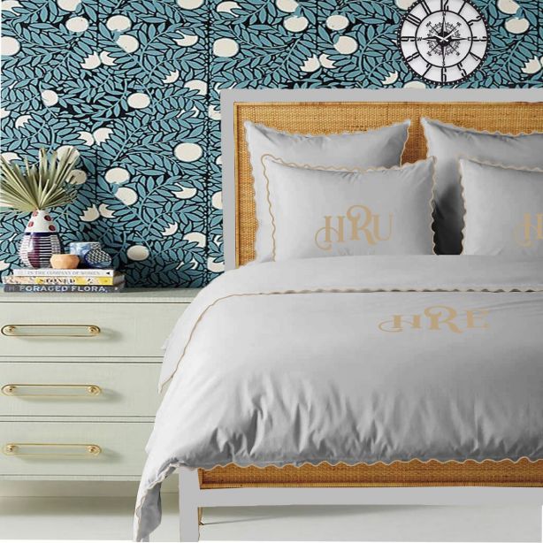 Monogram Light Grey 400TC Cotton Small Scallop Embroidery Duvet Cover Set