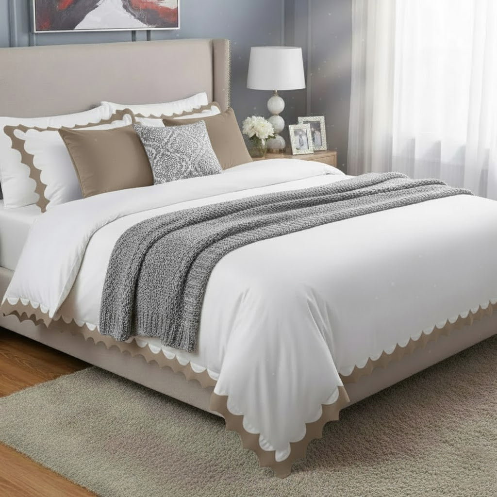 Reverse Scalloped Applique Embroidery Cotton Duvet Cover Set