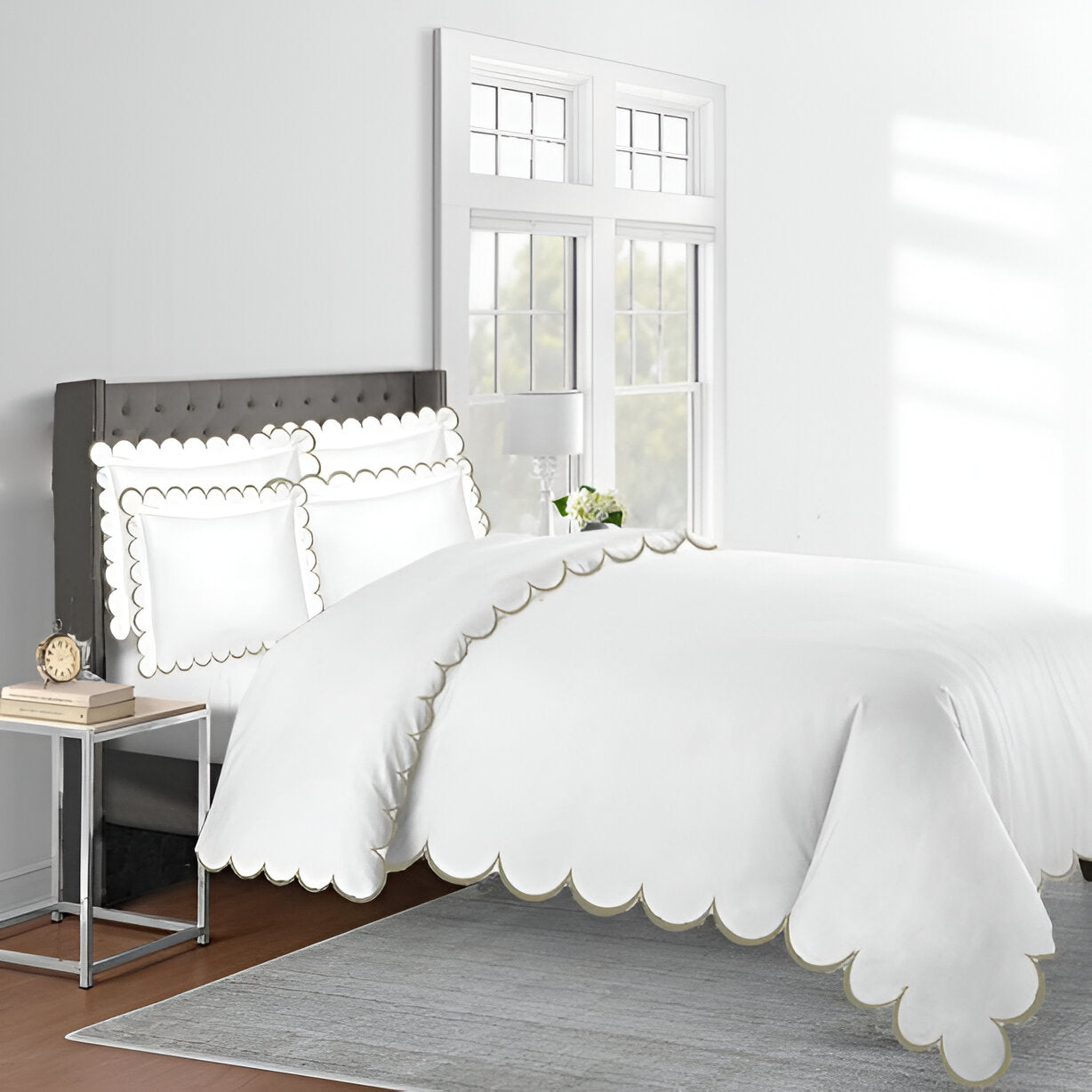 Allena 400TC Cotton Scallop Embroidery Sateen Solid Duvet Cover Set