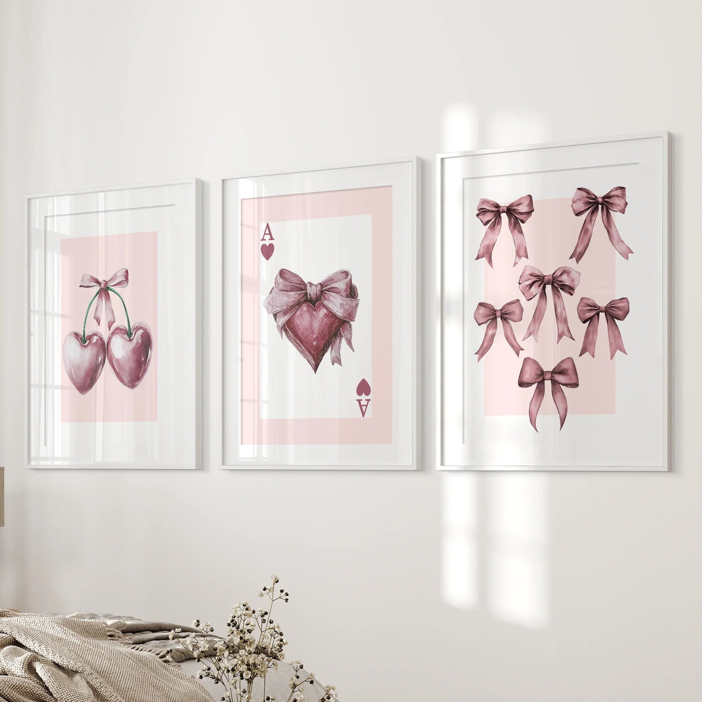 Coquette Cherry Wall Art Set of 3. Pink Romantic Decor