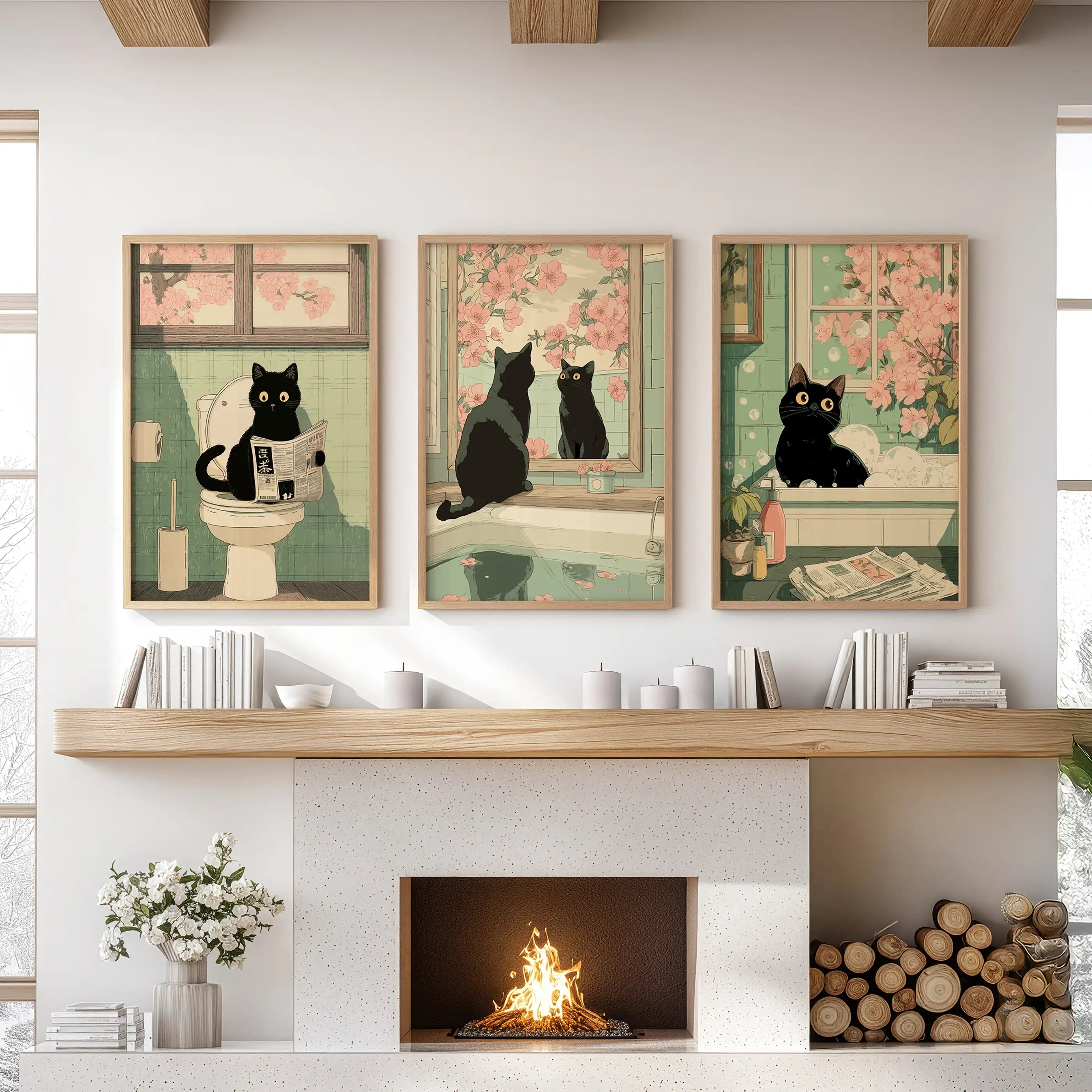 Funny Bathroom Poster. Japan Cat Pooping Wall Art Set of 3