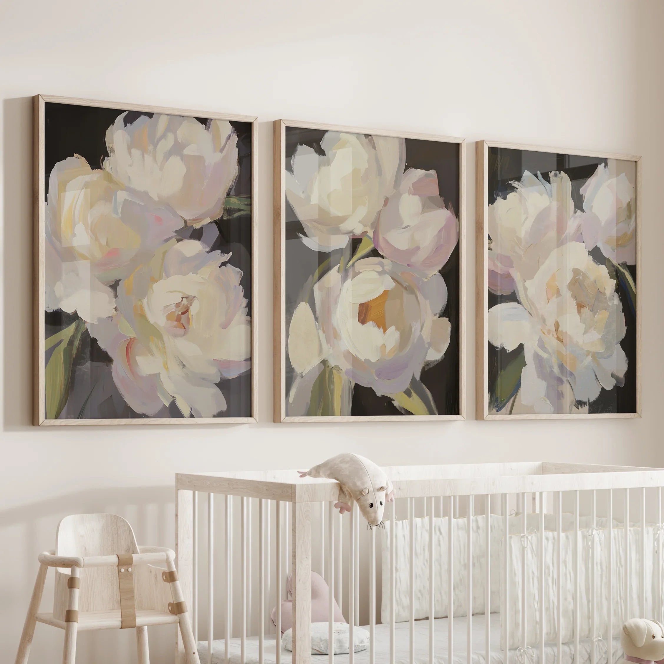 Moody Pink and White Peonies Art. Floral Set of 3 Prints