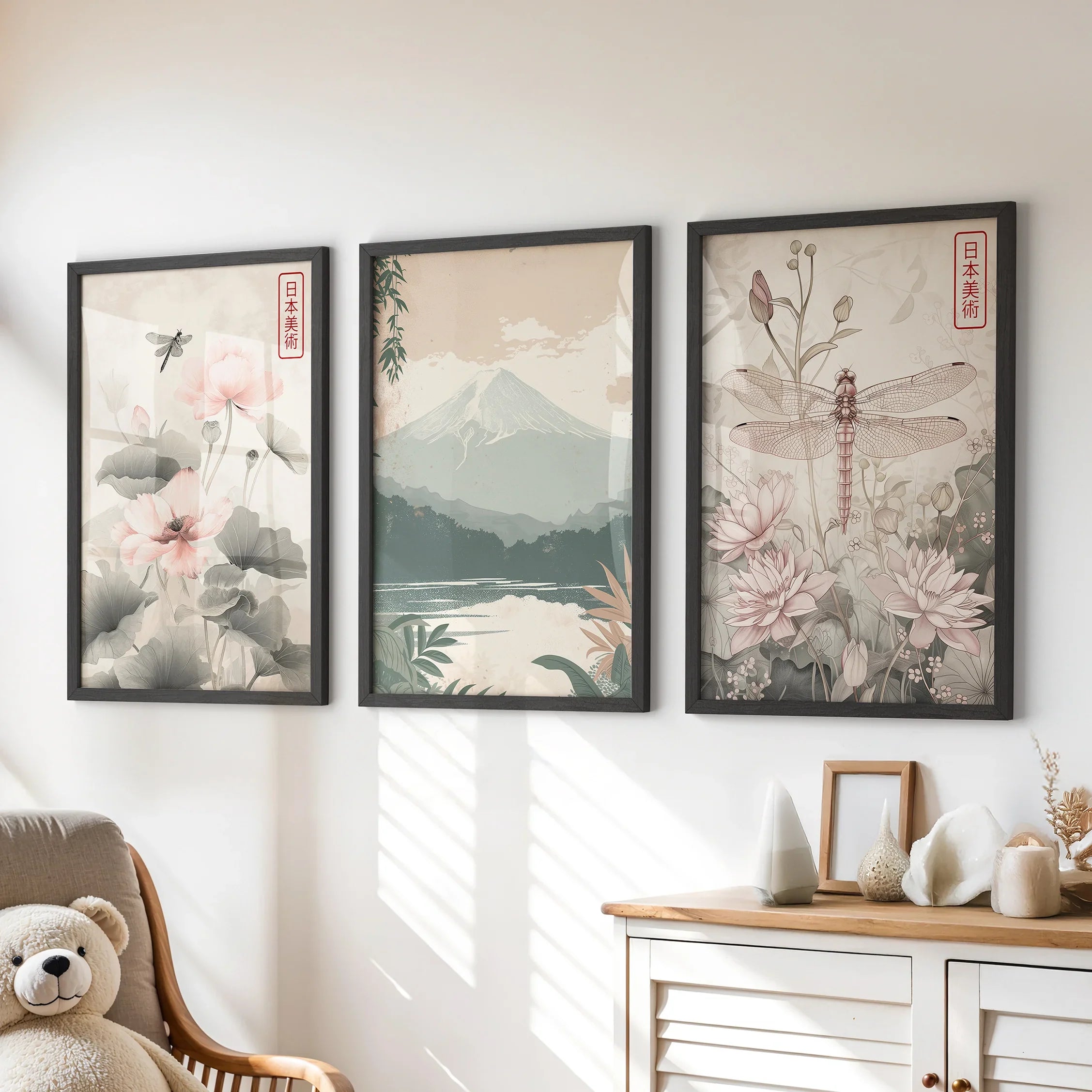 Japandi Style Set of 3 Wall Art. Floral and Mountain Prints