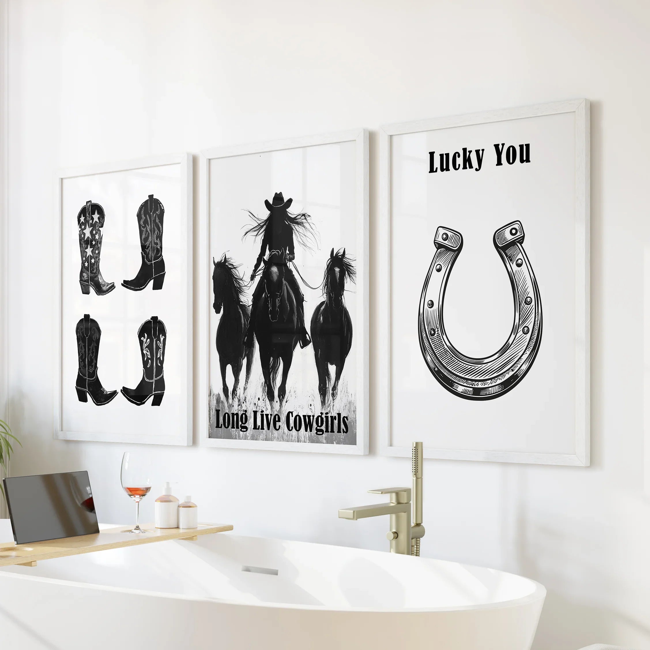 Western Cowgirl Wall Art Set of 3. Rustic Ranch Decor