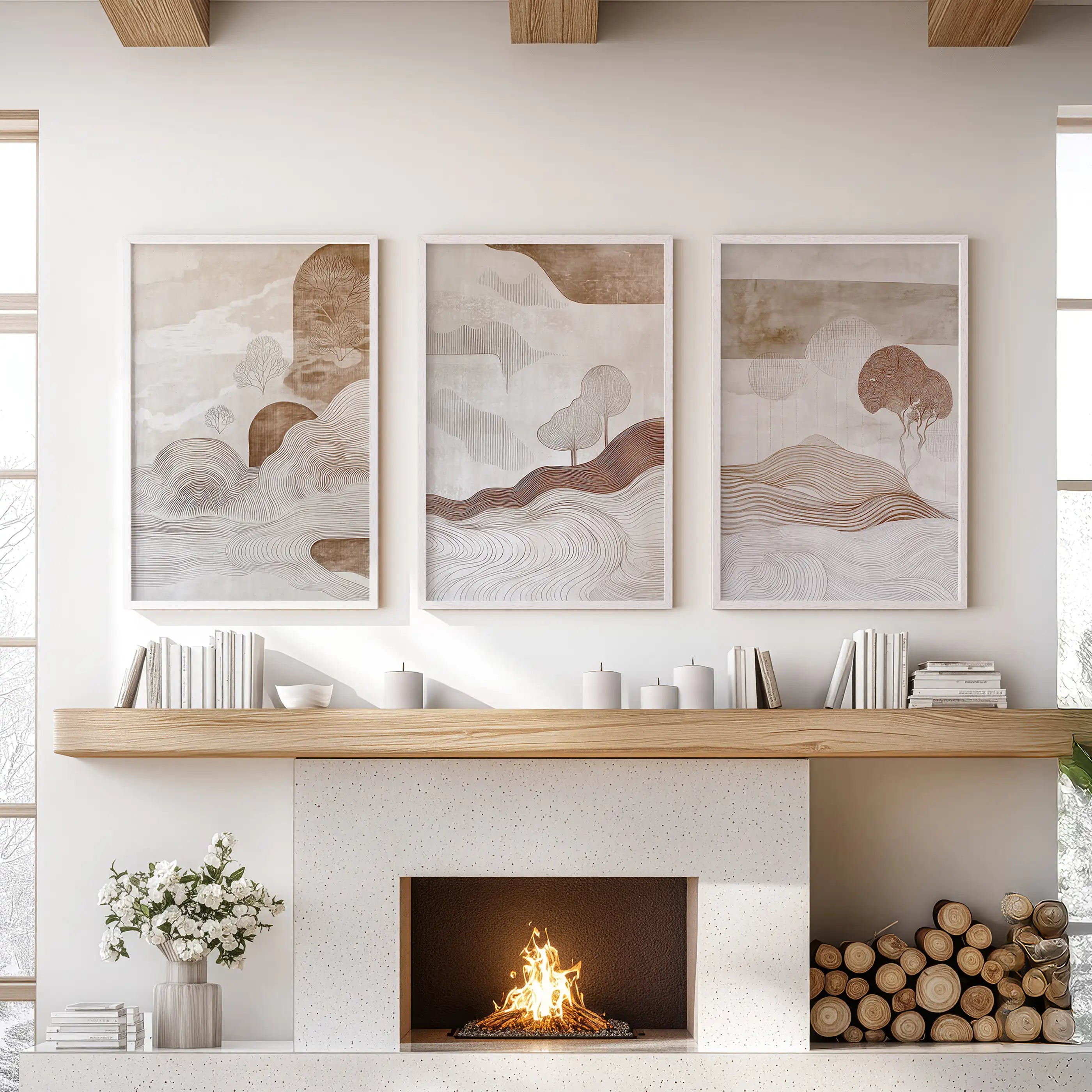 Wabi Sabi Line Art Set of 3 Prints. Earth Tones Landscape