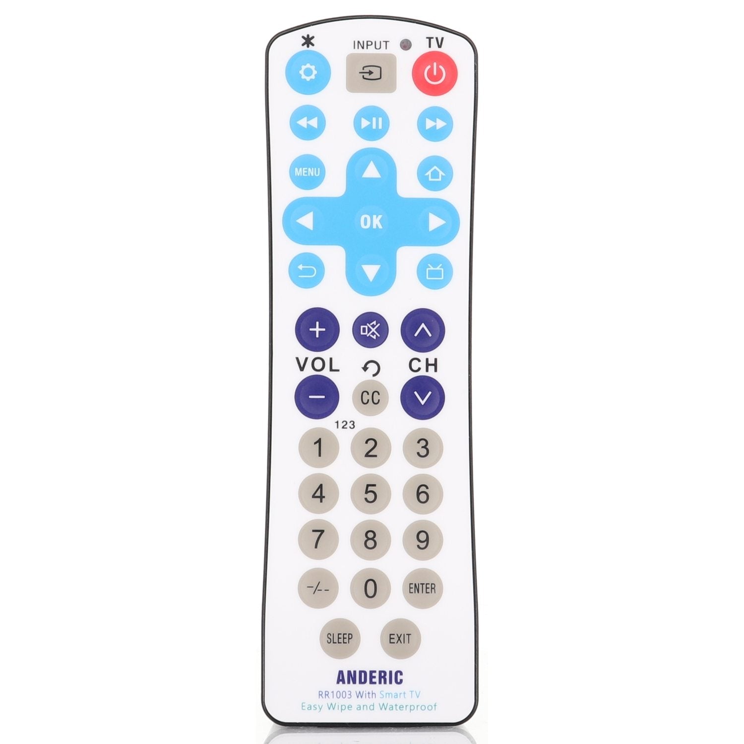 Anderic RR1003 Universal 1-Device Smart TV Remote Control with EzWipe Surface and Water Resistant