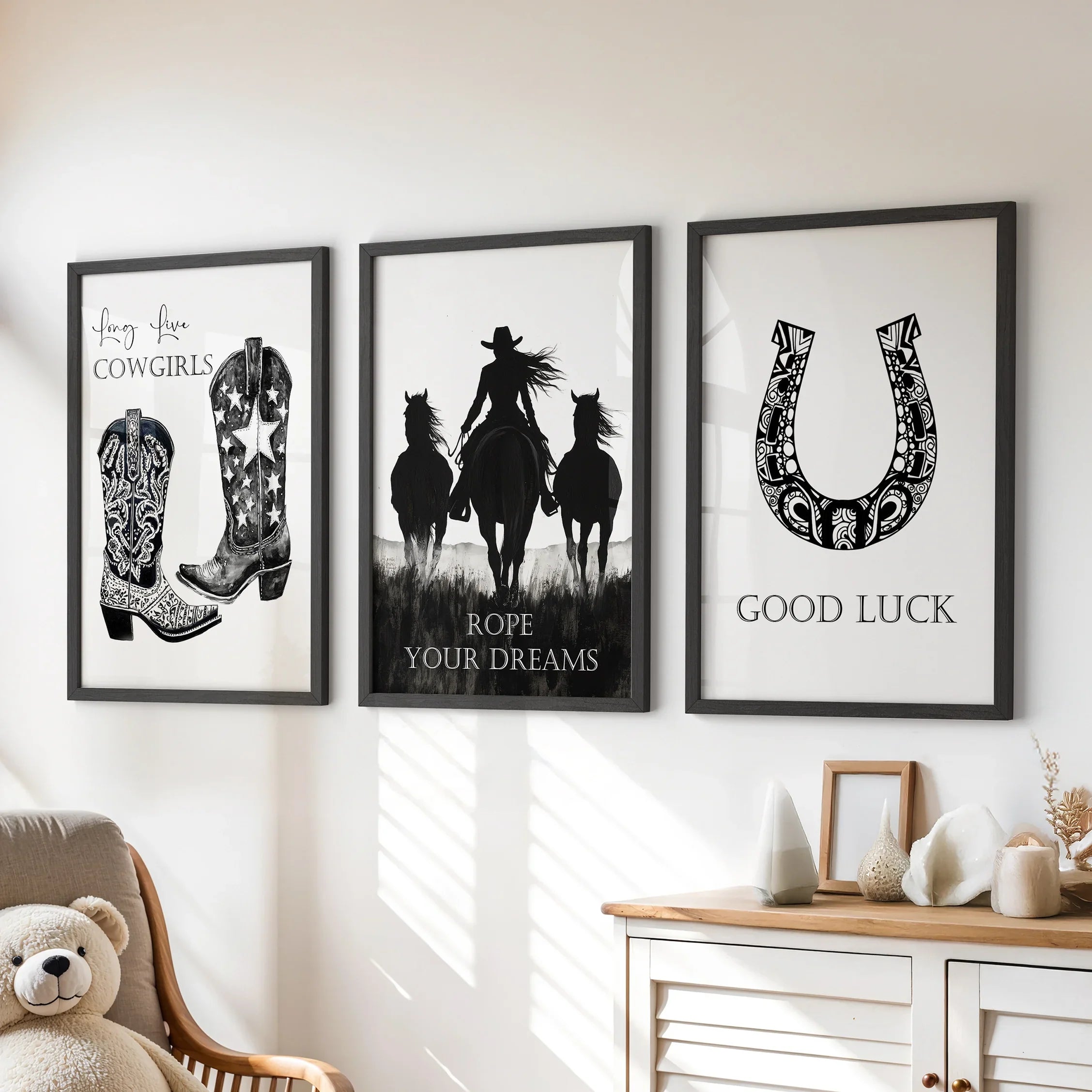 Black White Western Cowgirl 3 Piece Art. Boots, Horseshoe