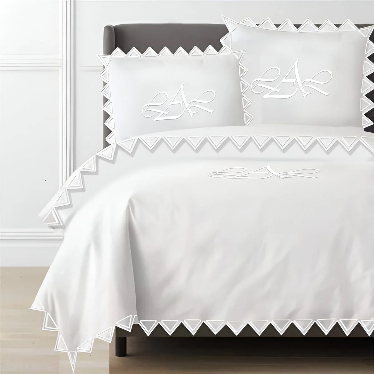 Monogram Ashley 400TC Cotton Traingle Embroidery Sateen Solid Duvet Cover Set