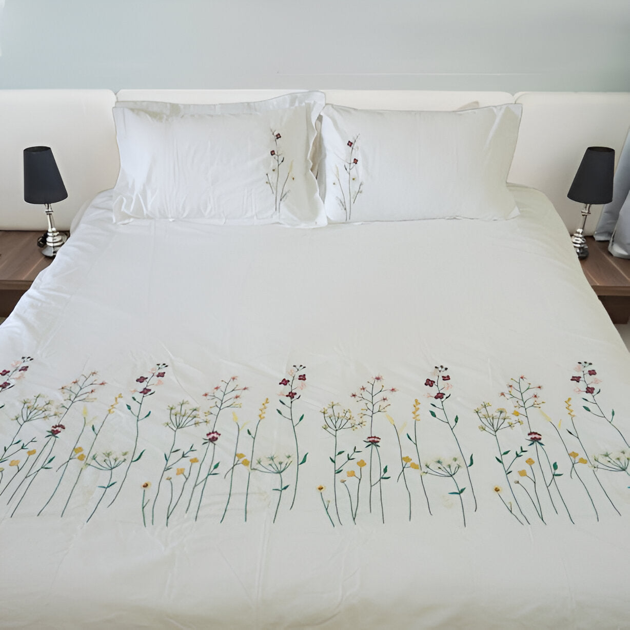Floral Botanical Embroidered Cotton Sateen Duvet Cover Set