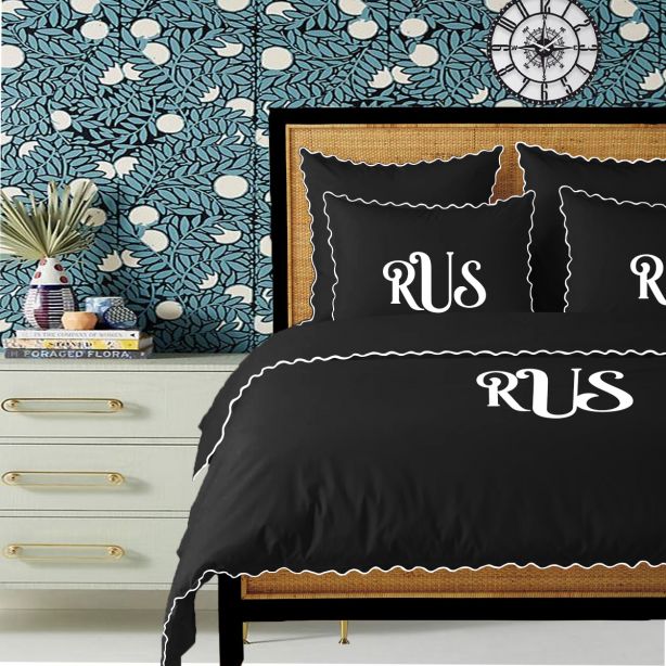 Monogram Black 400TC Cotton Small Scallop Embroidery Duvet Cover Set
