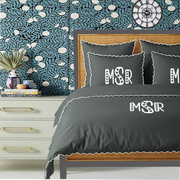 Monogram Dark Grey 400TC Cotton Small Scallop Embroidery Duvet Cover Set