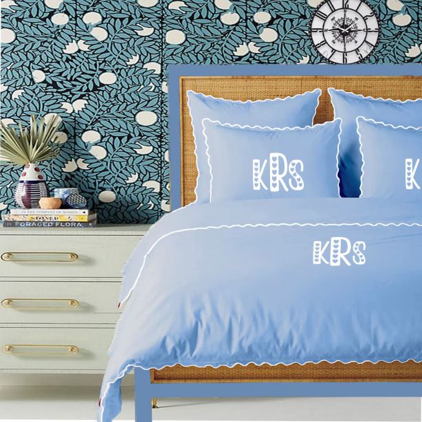 Monogram Light Blue 400TC Cotton Small Scallop Embroidery Duvet Cover Set