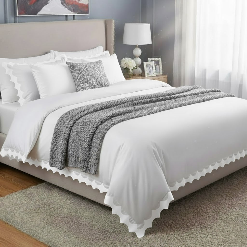 Reverse Scalloped Applique Embroidery Cotton Duvet Cover Set