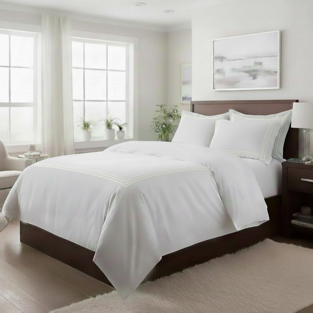 400TC Cotton Triple Embroidery Sateen Solid Duvet Cover Set
