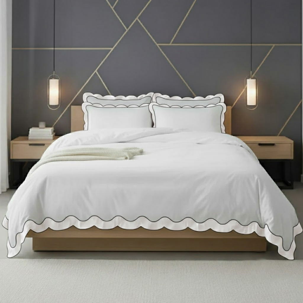Scalloped & Wavy Applique Embroidery Cotton Duvet Cover Set