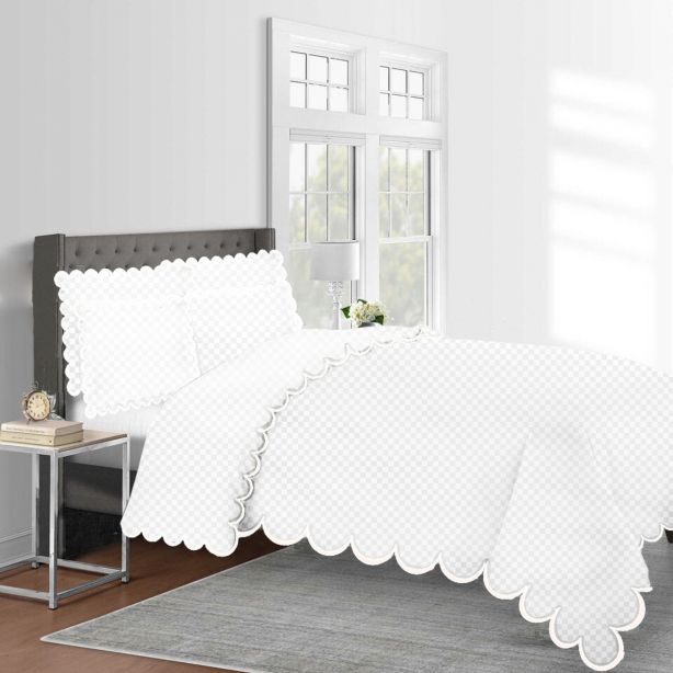 Allena 400TC Cotton Scallop Embroidery Sateen Microcheck Duvet Cover Set