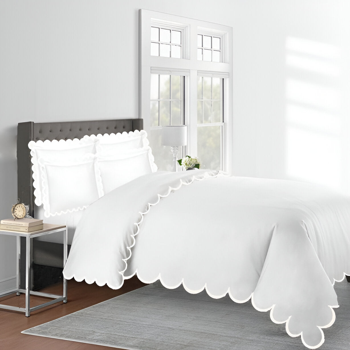 Allena 400TC Cotton Scallop Embroidery Sateen Solid Duvet Cover Set