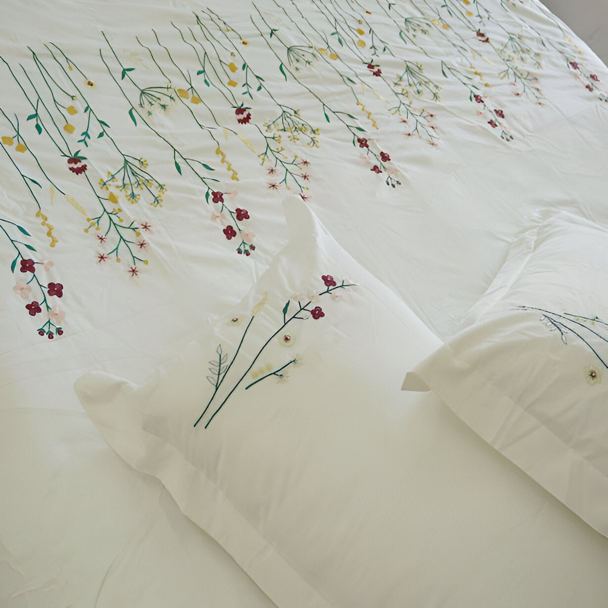 Floral Botanical Embroidered Cotton Sateen Duvet Cover Set