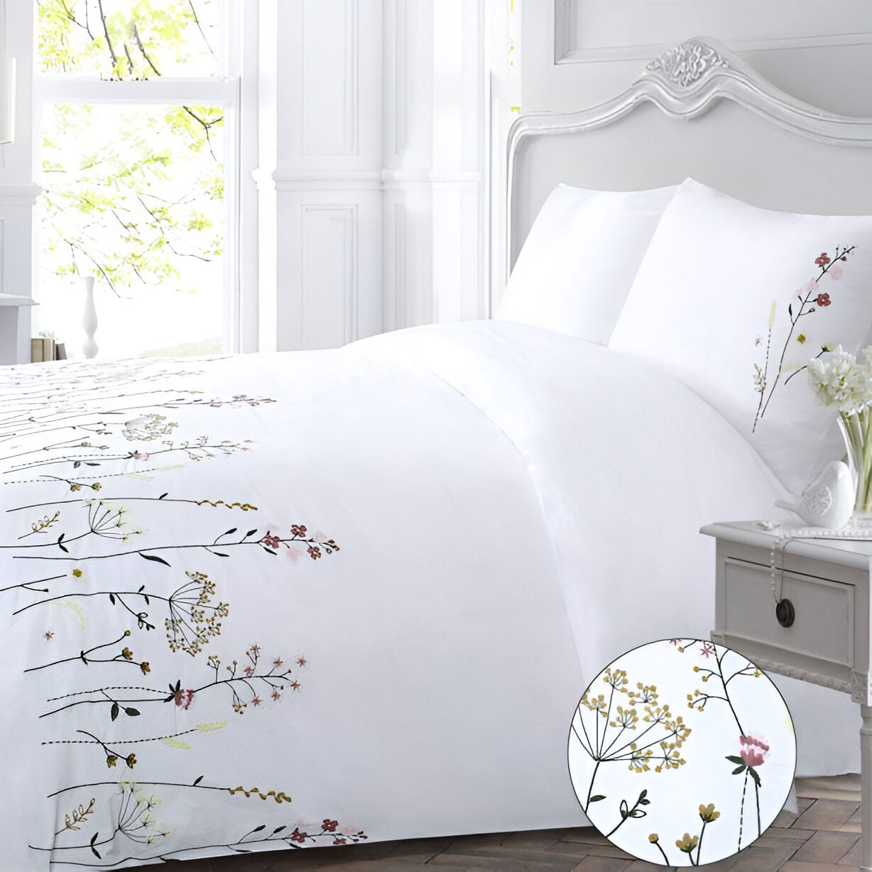 Floral Botanical Embroidered Cotton Sateen Duvet Cover Set