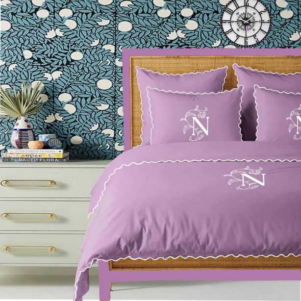 Monogram Lilac 400TC Cotton Small Scallop Embroidery Duvet Cover Set