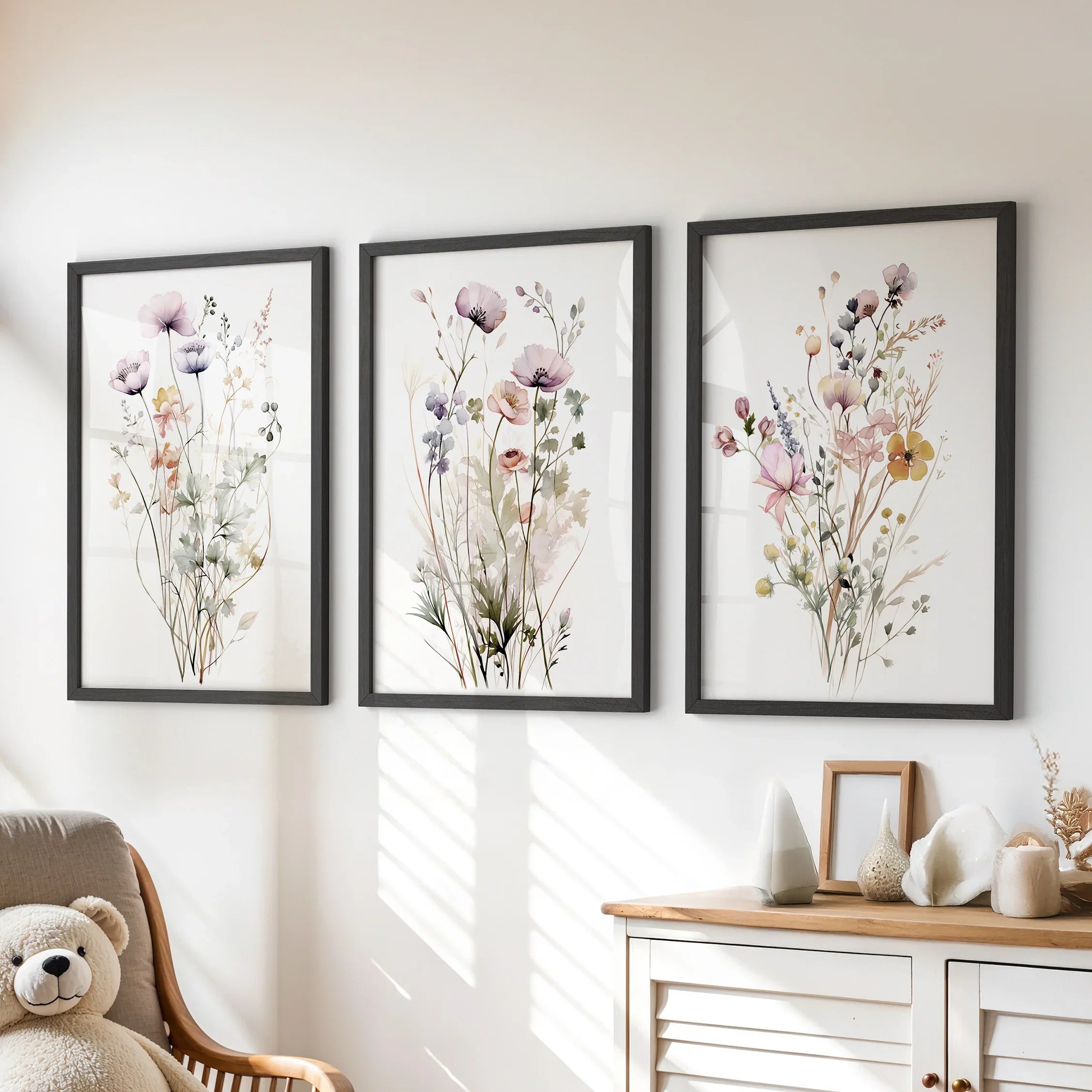 Floral Watercolor Wall Decor. Elegant Garden Set of 3 Prints