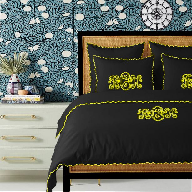 Monogram Black 400TC Cotton Small Scallop Embroidery Duvet Cover Set