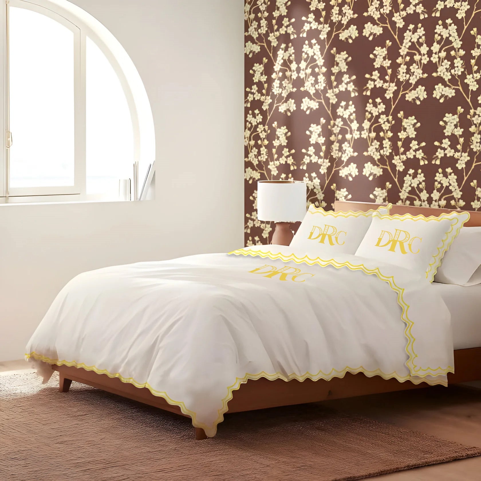 Monogram 400TC Cotton Sateen Double Scallop Embroidery Duvet Cover Set
