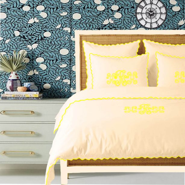 Monogram Ivory 400TC Cotton Small Scallop Embroidery Duvet Cover Set