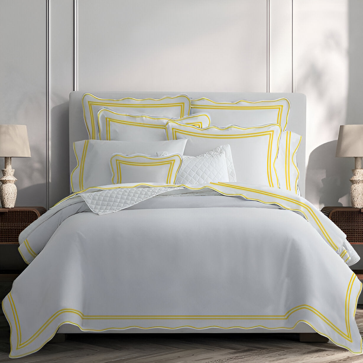 400TC Wavy Embroidery & Border Cotton Sateen Solid Duvet Cover Set