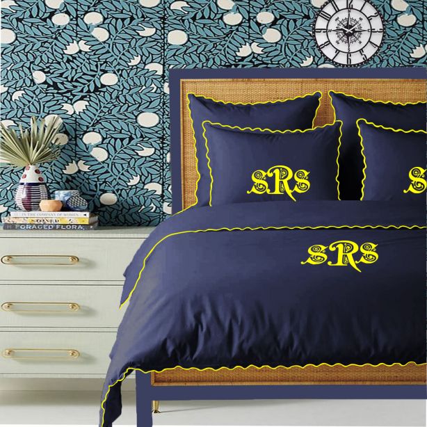 Monogram Navy 400TC Cotton Small Scallop Embroidery Duvet Cover Set