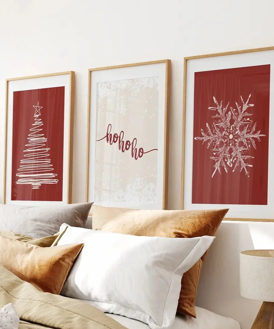 Rotes Weihnachts-Set Weihnachtsbaum Schneeflocken Kunstposter