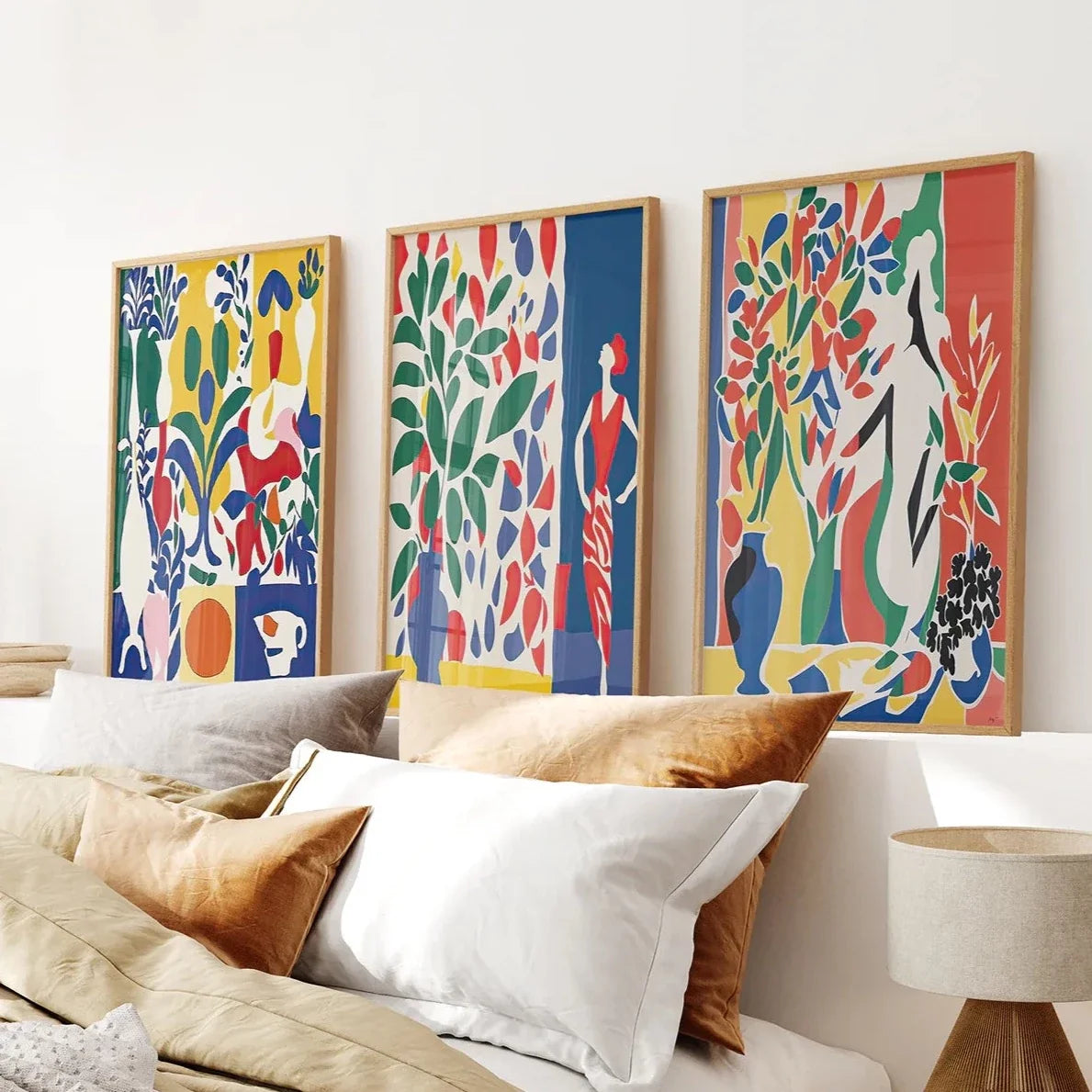 Modernes, farbenfrohes Blumen-Wandkunst-Set im Matisse-Stil