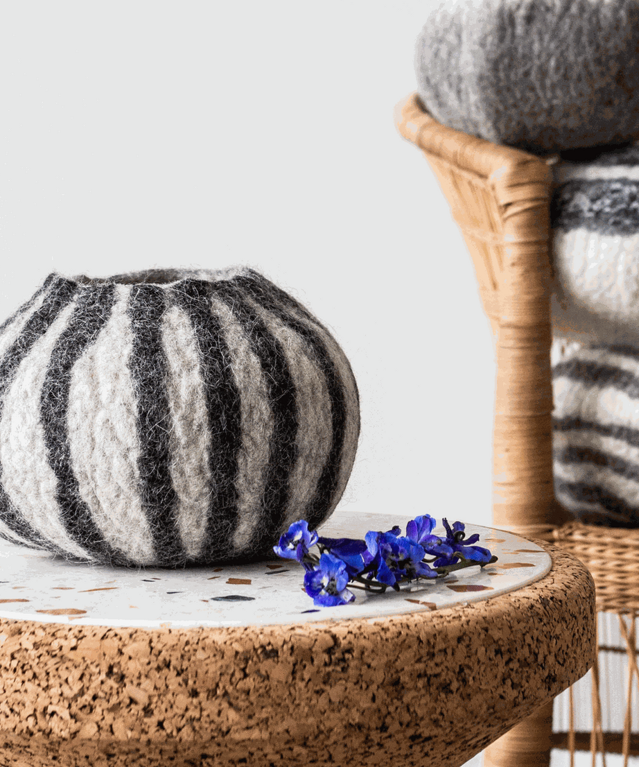 Grey Karakul Striped Decorative Wool Ukhamba Bowl