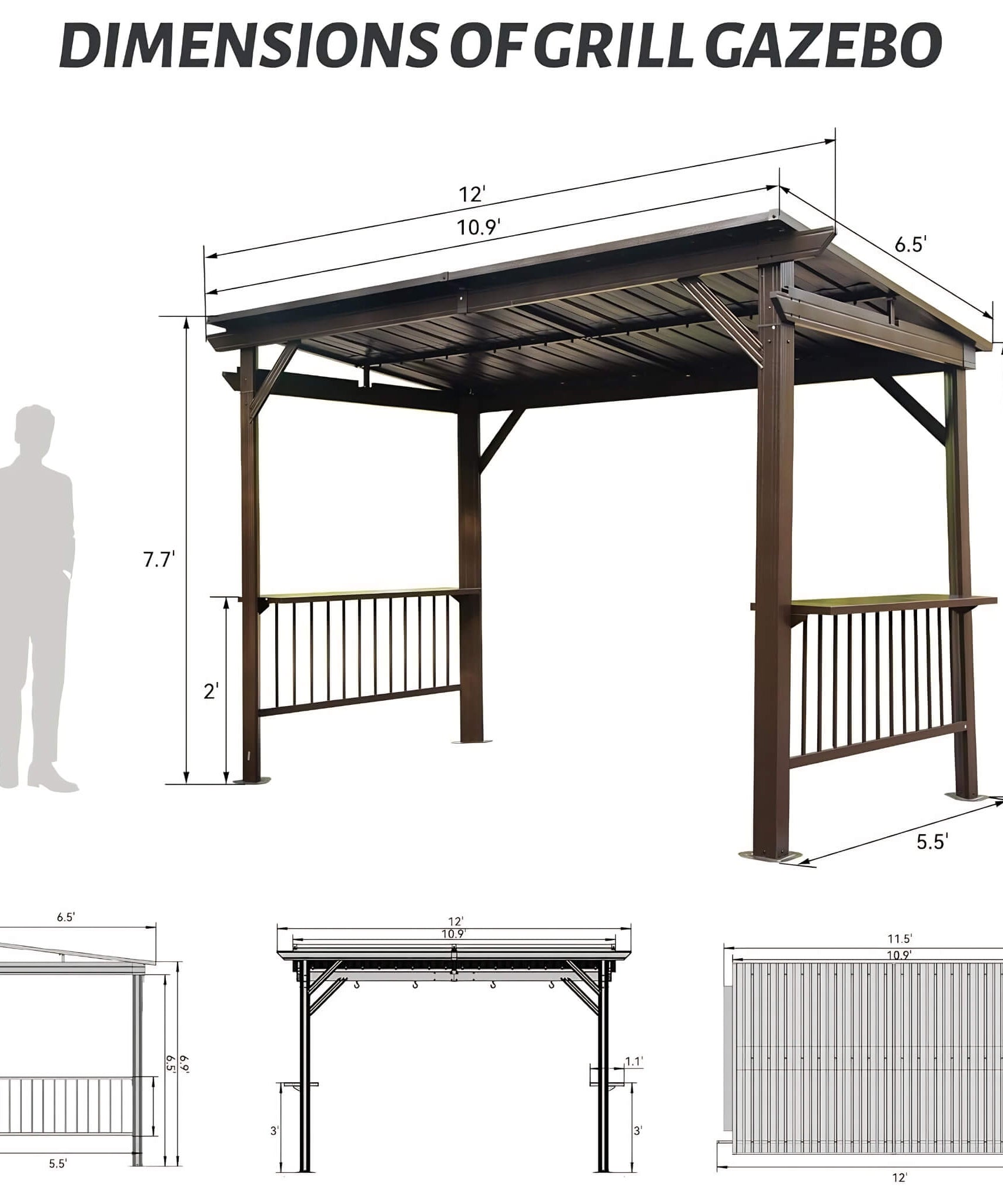 [06X12FT] Hardtop Grill Gazebo With Steel Roof, Shelves, And Hooks (SAK81324)
