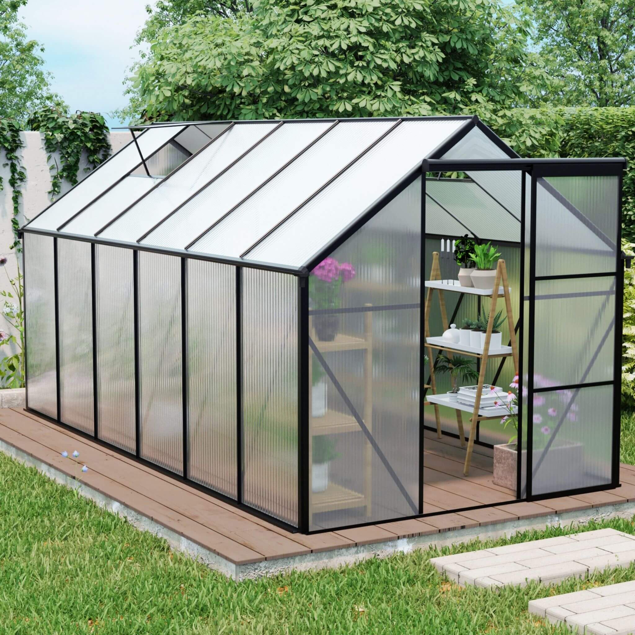 [06X12FT] Heavy-Duty Black Polycarbonate Greenhouse With Raised Base And Anchor (SAK92451)