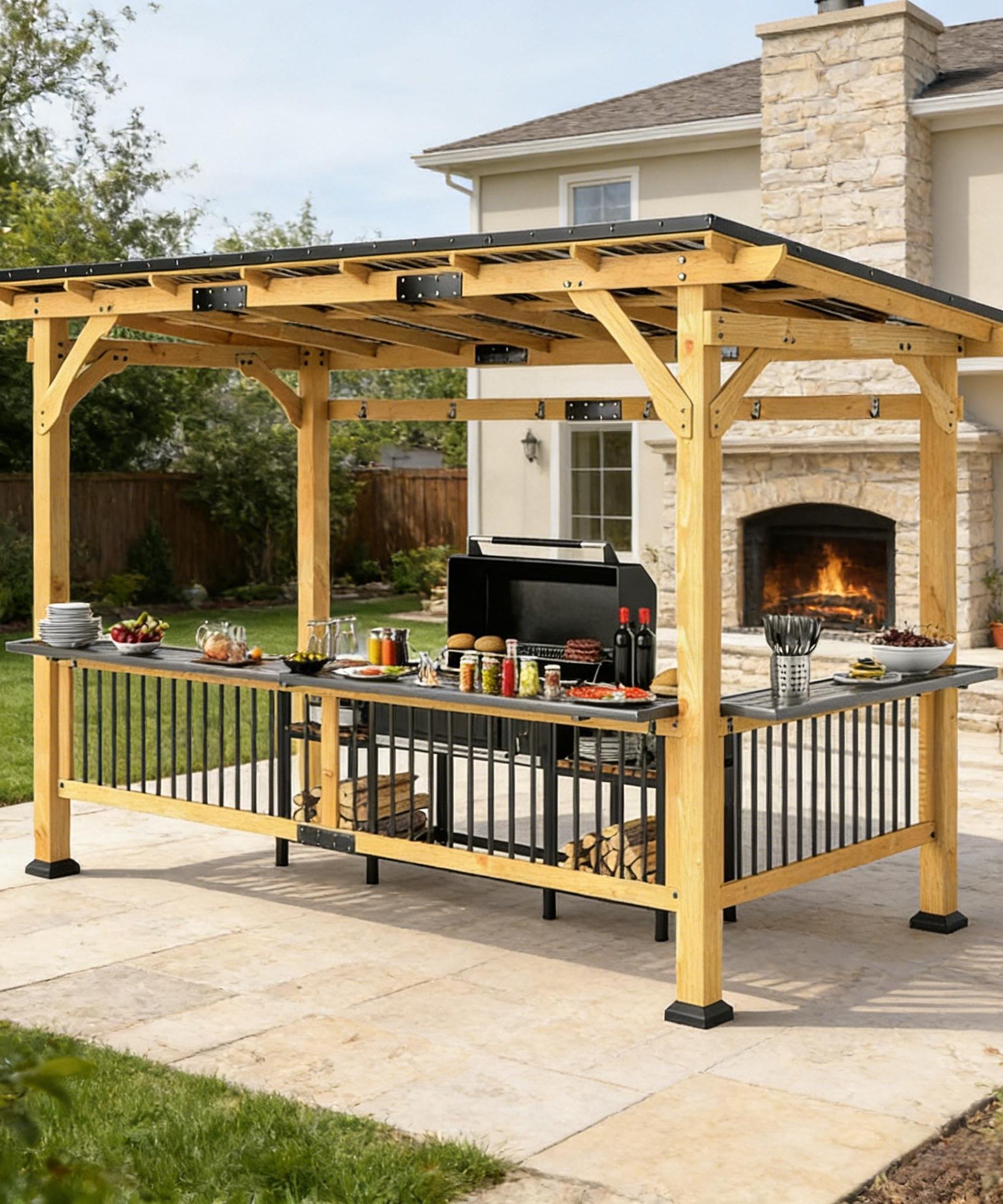 [06X13FT] Alora Premium Outdoor Hardtop Wooden BBQ Grill Gazebo (SAK97420)