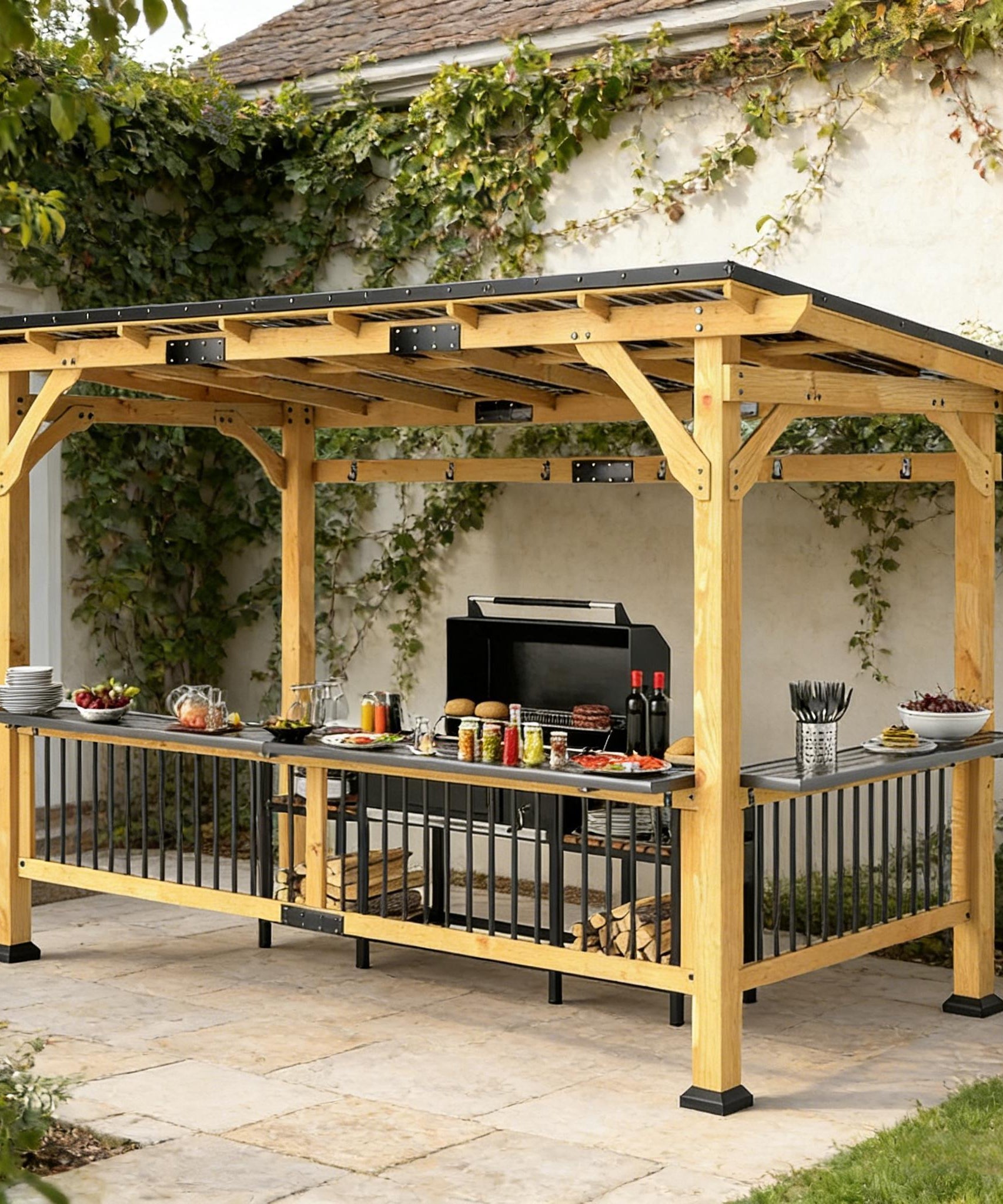[06X13FT] Alora Premium Outdoor Hardtop Wooden BBQ Grill Gazebo (SAK97420)