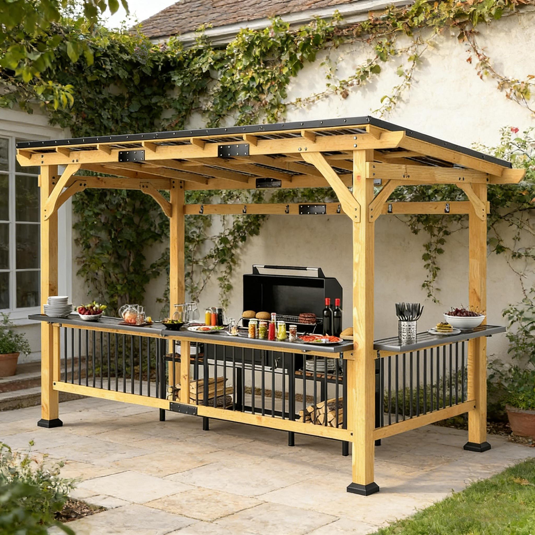[06X13FT] Alora Premium Outdoor Hardtop Wooden BBQ Grill Gazebo (SAK97420)