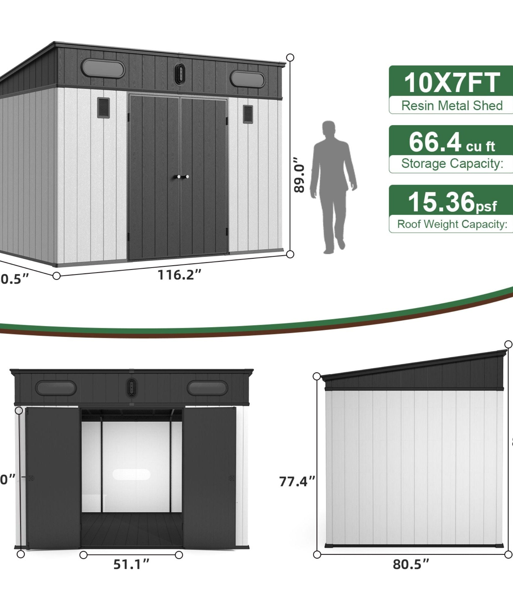 [07X10FT] Alora Heavy-Duty Weather-Resistant Polypropylene Storage Shed With Floor And Reinforced Steel Frame (SAK67455)