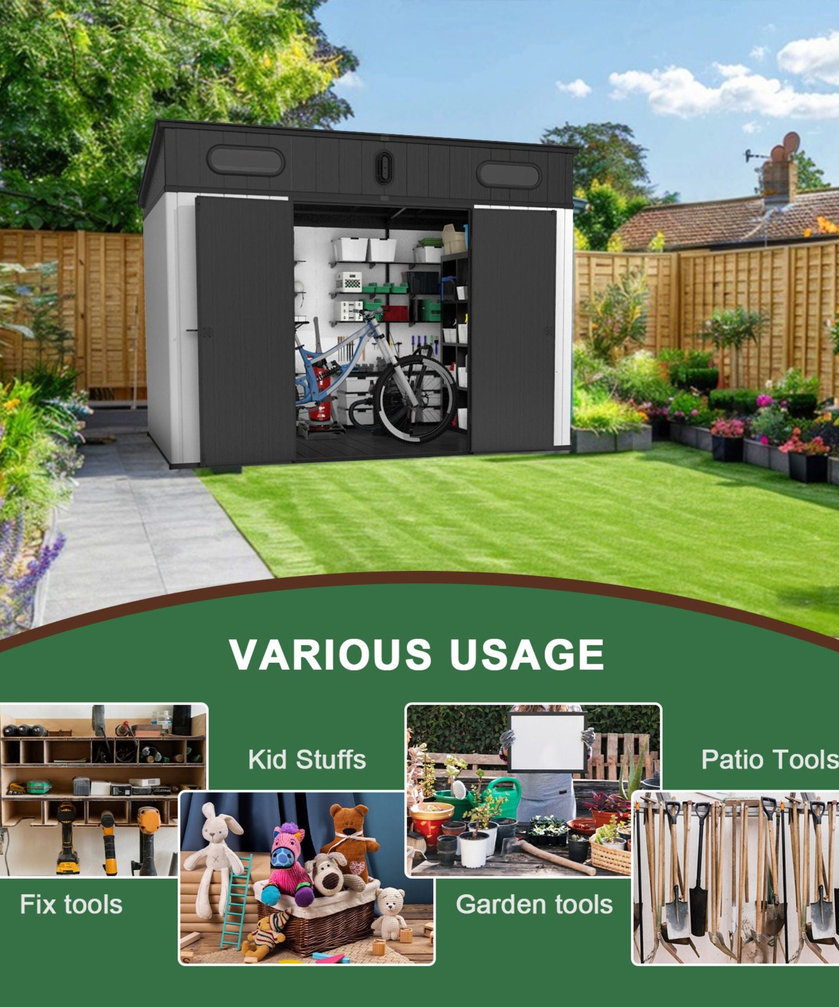 [07X10FT] Alora Heavy-Duty Weather-Resistant Polypropylene Storage Shed With Floor And Reinforced Steel Frame (SAK67455)