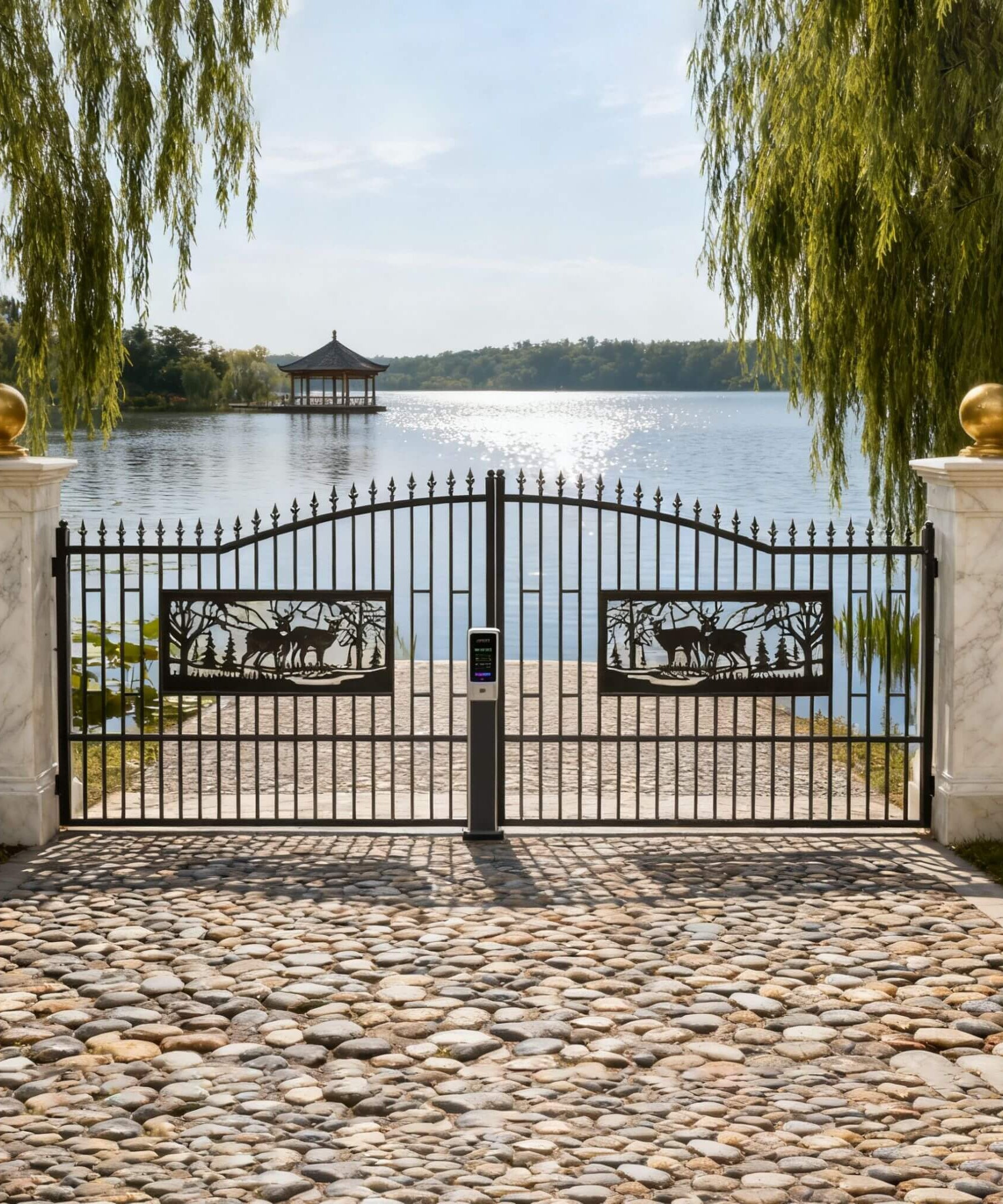 [07X20FT] Heavy-Duty Deer Motif Style Bi-Parting Galvanized Steel Driveway Entrance Gate (SAK68731)