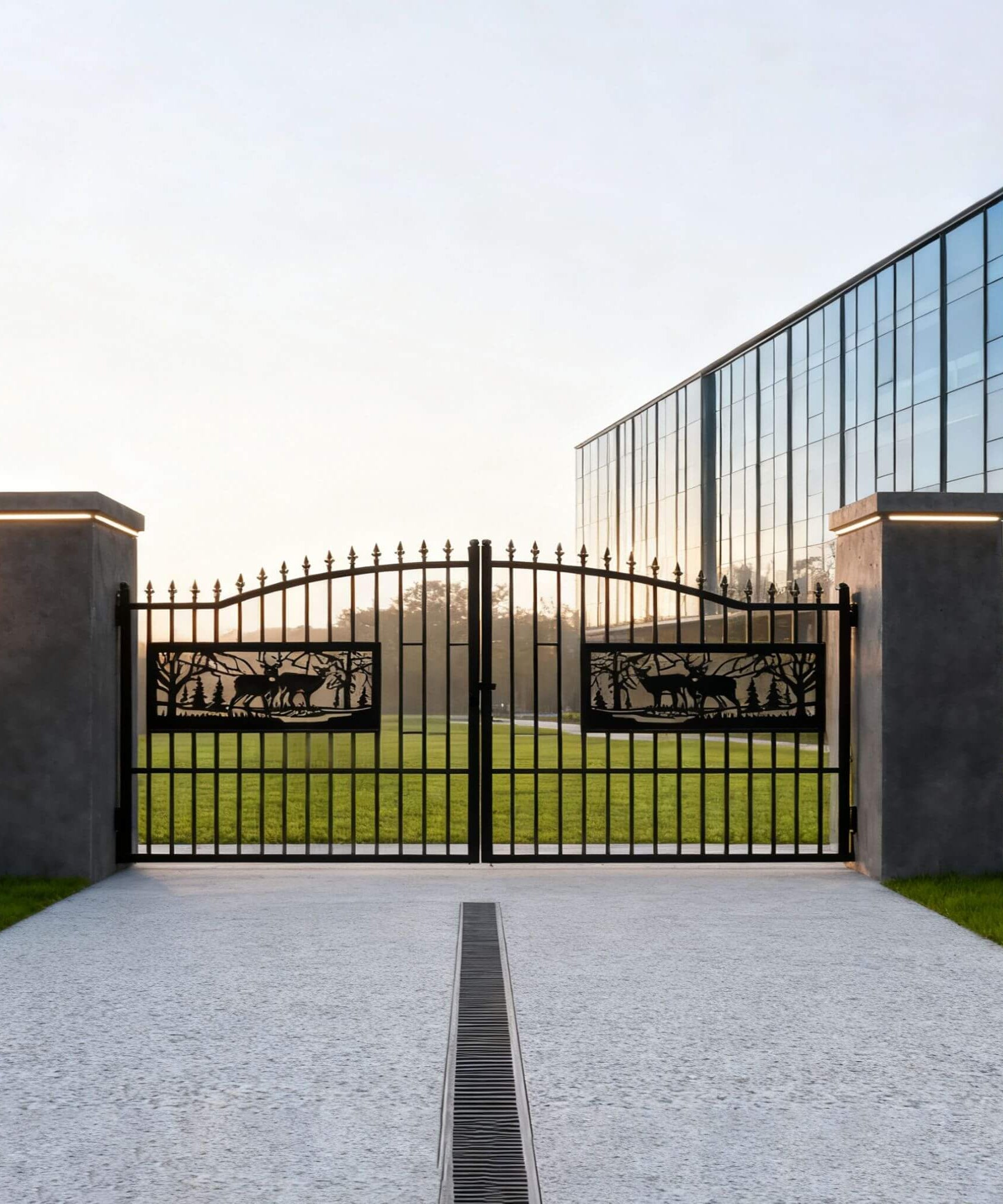 [07X20FT] Heavy-Duty Deer Motif Style Bi-Parting Galvanized Steel Driveway Entrance Gate (SAK68731)