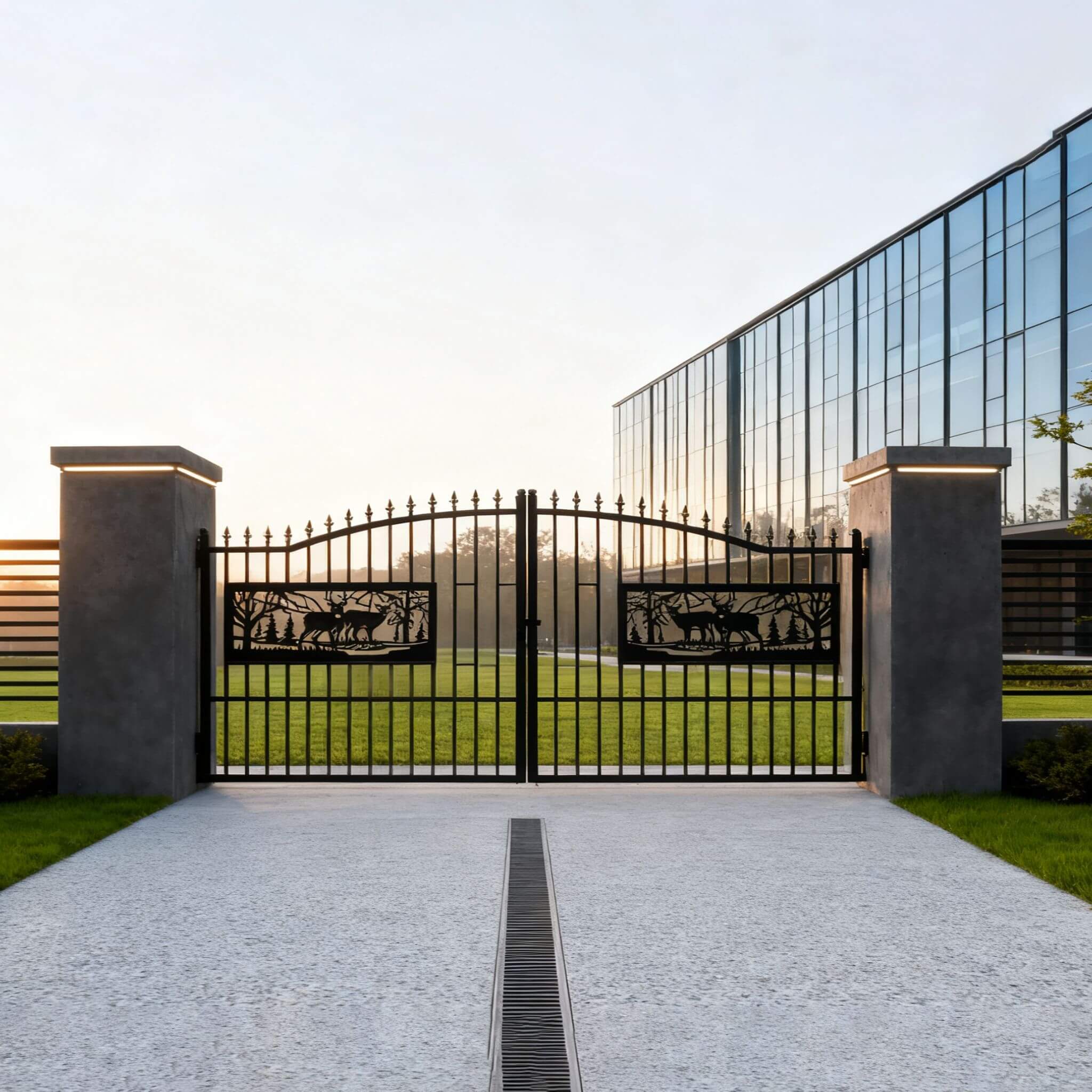 [07X20FT] Heavy-Duty Deer Motif Style Bi-Parting Galvanized Steel Driveway Entrance Gate (SAK68731)